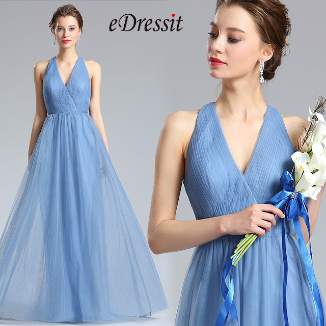  V-Cut Tulle Bridesmaid Dress Evening Dress