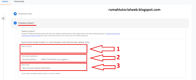 tahapan proses mengisi Penyiapan properti di google analytics