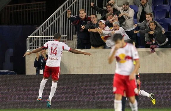 Red Bulls striker Thierry Henry celebrates after scoring the winner against Montreal