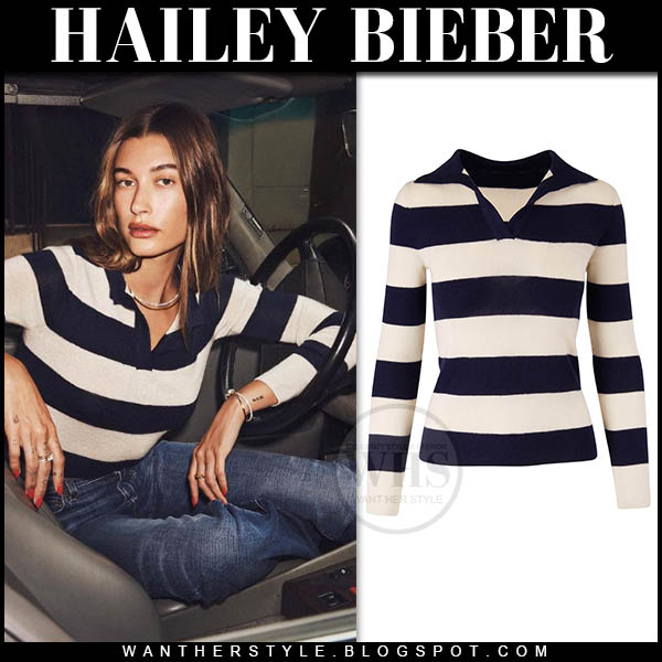 Hailey Bieber in striped sweater and jeans