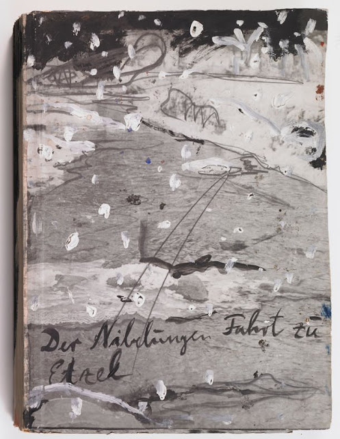 Anselm Kiefer The Journey of the Nibelungen to Etzel, 1980-81 Book of gelatin silver prints with gouache, oil, and graphite mounted on cardboard open: 23-1/16 x 32-11/16 inch