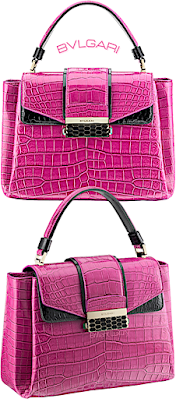 ♦Bvlgari Viper raspberry agate pink & black shiny crocodile skin top handle bag #bvlgari #bags #pink #brilliantluxury