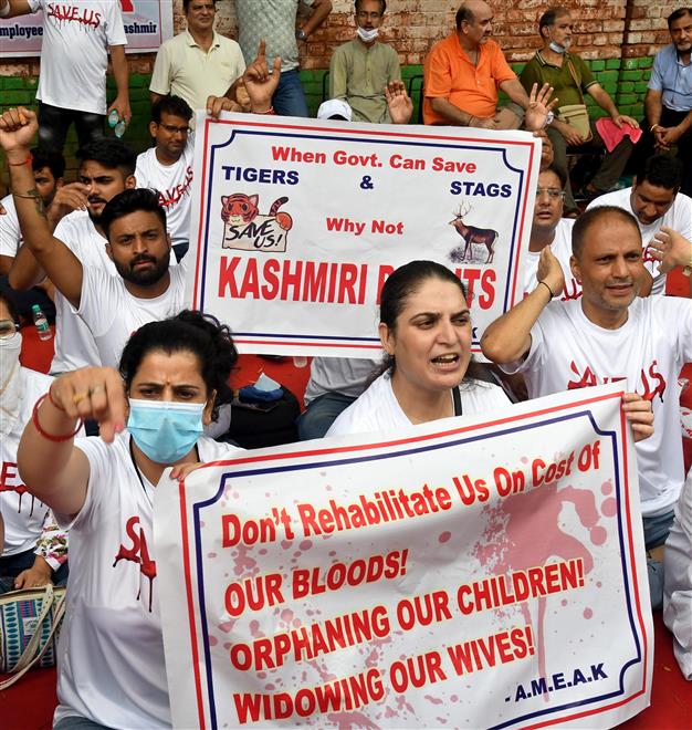 Kashmiri Pandits stage a protest in New Delhi. Tribune file