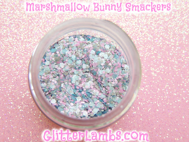 Glitter Lambs "Marshmallow Bunny Smackers" loose glitter mix has an assorted mix of gray hex glitters, light pink hex, light blue hex and tiny white hex.