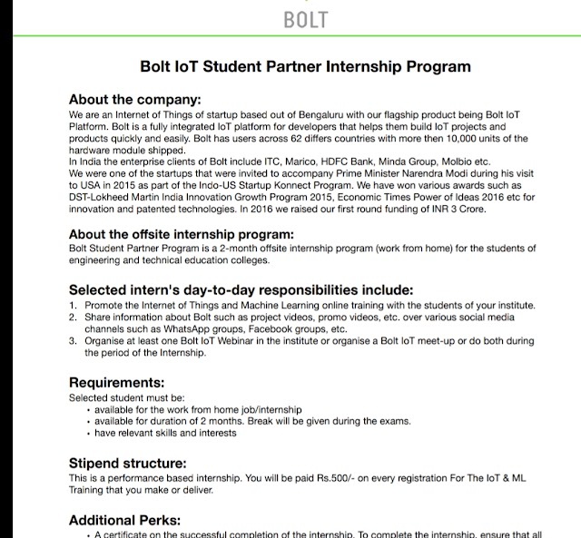 BOLT IoT Student partner internship program 2019 , Apply for internship and get certificate