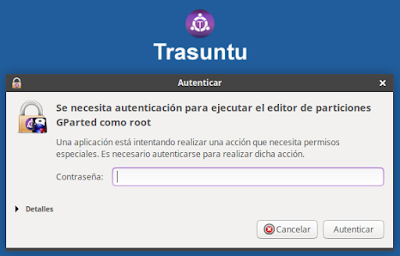 Autentificación para ejecutar GParted