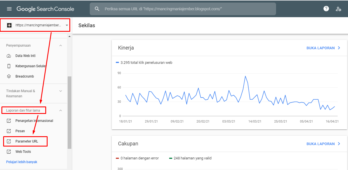 Masuk ke google web master https://search.google.com/search-console lalu pilih laporan dan fitur lama dan klik parameter unrul