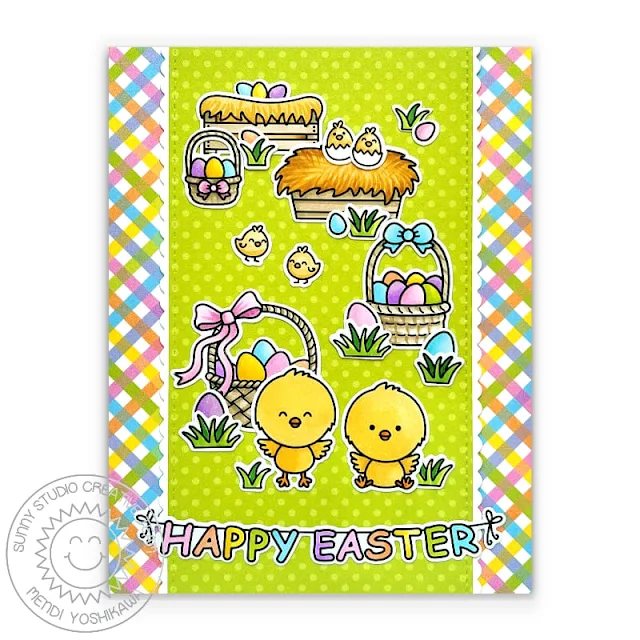 Sunny Studio Chicks Pastel Gingham Easter Card (using Clucky Chickens, Chickie Baby, Chubby Bunny Stamps & Spring Fever Paper)