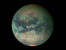 This image of Titan shows data taken with Cassini's visual and infrared mapping spectrometer during the last three flybys of Titan