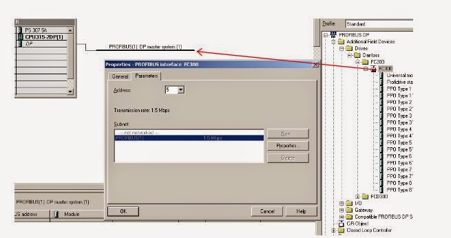 Insert profibus network dan tambahkan PROFIBUS master 