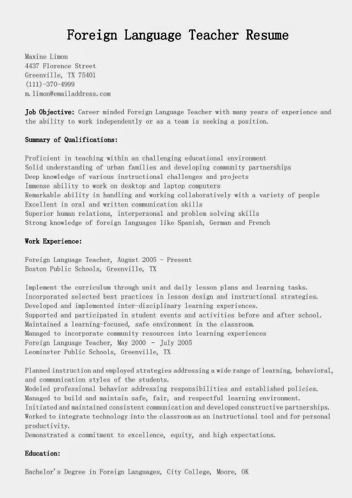 ... languages city college moore ok foreign language teacher resume sample