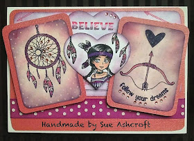 American Indian girl character-bow and arrows-dream catcher-stamps-visible image