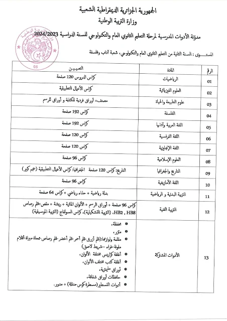 قائمة الأدوات المدرسية لمرحلة التعليم الثانوي للسنة الدراسية 2024/2023