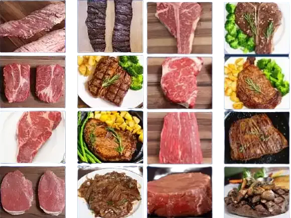 Imagem mostrando vários cortes de carne em uma tábua de madeira, com rótulos indicando o uso ideal para cada tipo de preparação culinária, como bife grelhado, strogonoff, carne de panela, carne moída, carne assada e churrasco