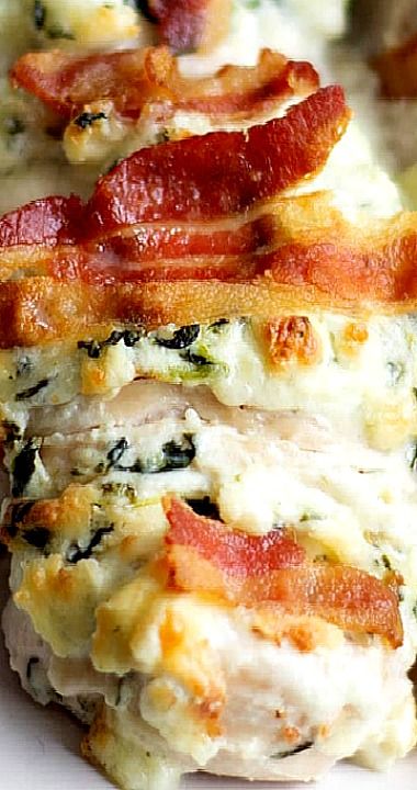   Hasselback Chicken with Cheese, Spinach & Bacon