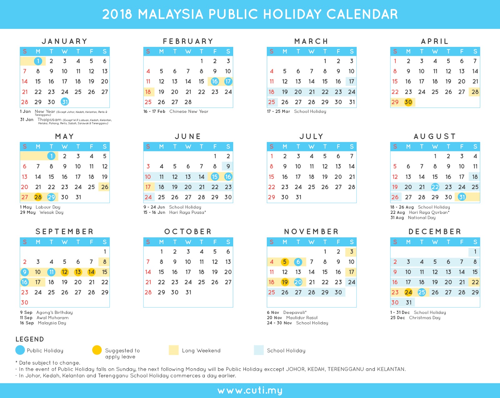 Malaysia: 2018 Malaysia Public Holiday Calendar