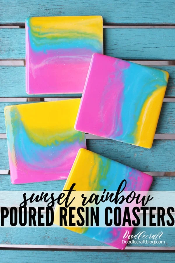 How to Make Resin Rainbow Sunset Coasters DIY with envirotex lite high gloss resin and acrylic paint pouring techniques.