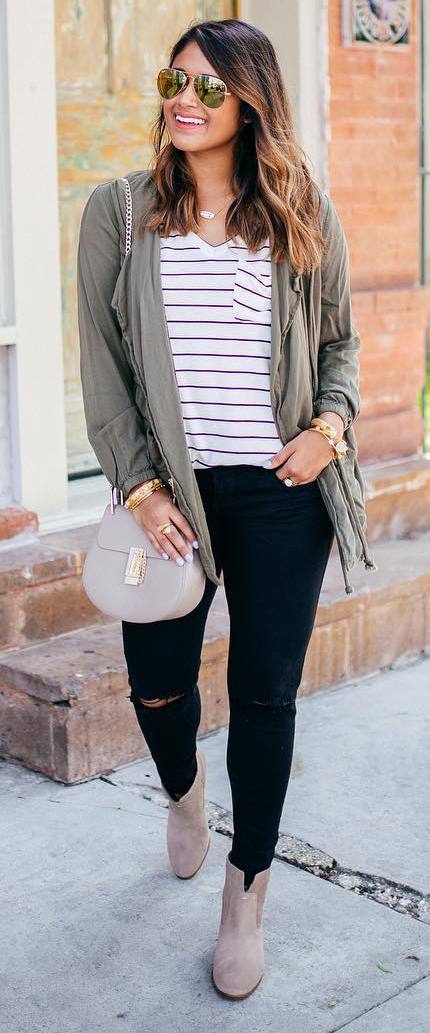 cute casual outfit idea: cardi + top + bag + rips + boots