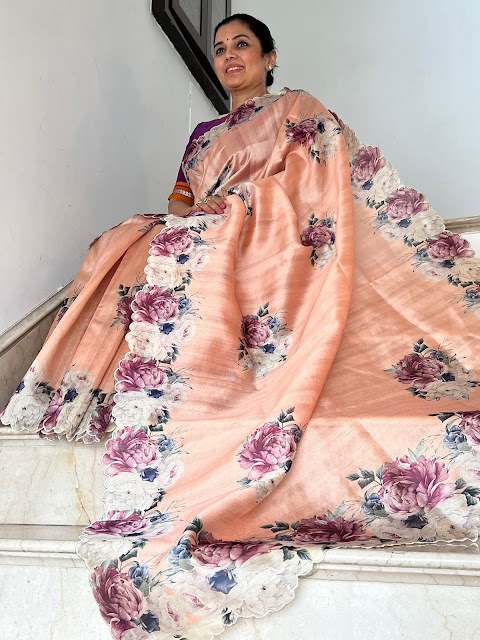 Our collectiion of tussar sarees with rose scallop border and pallu.