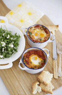 Baked eggs, capsicum, goats curd and dukkah