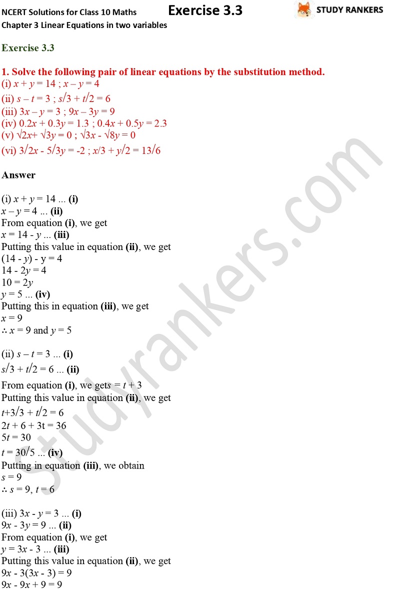 Ncert Solutions For Class 10 Maths Chapter 3 Pair Of Linear Equations In Two Variables Exercise 3 3