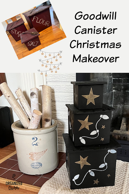Photo of a thrifted wooden canister set upcycled with chalk paint and Christmas Graphics stencils.