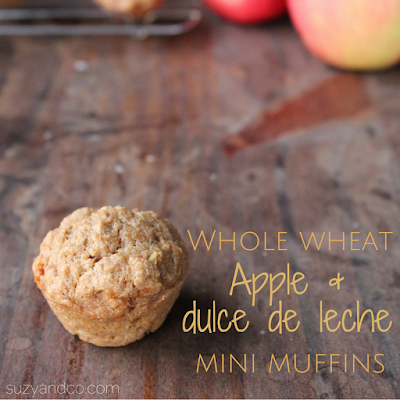 The apple and dulce de leche muffins have whole wheat and low sugar. They are a great fall snack. | suzyandco.com