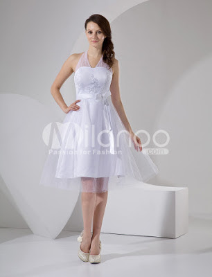 Blanc Broderie Halter robe de mariée Sash Mini-robe