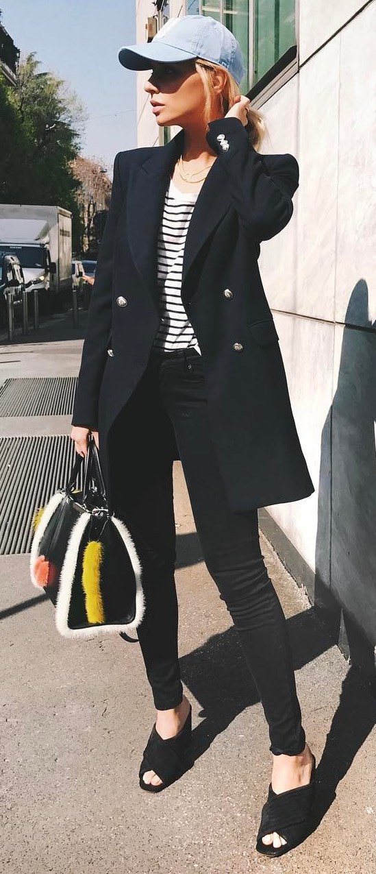 cool casual style outfit / hay + stripped top + blazer + skinnies + bag + heels