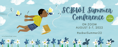 SCBWI Summer 2022 Online Conference graphic, showing a young boy and a book flying over a field of flowers with two butterflies