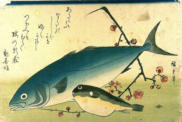 utagawa hiroshige, shoal of fishes, yellowtail and fugu