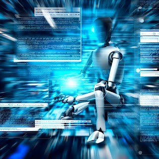 A robot surrounded by text on computer screens