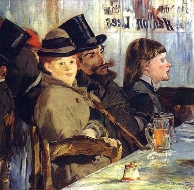 several patrons wait to be served at the counter of a cafe; one of them, a woman, is looking at "the camera"