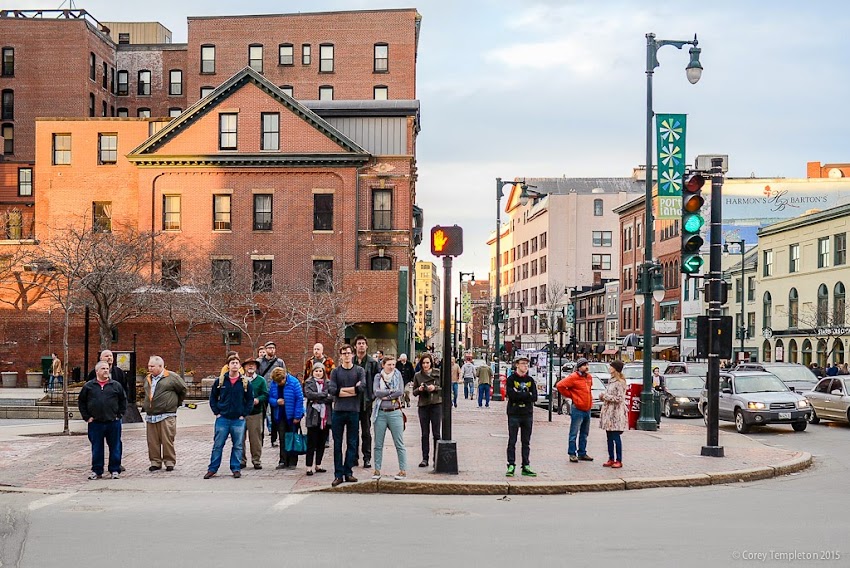 Portland, Maine April 2015 Pedestrians crossing High Street at Congress Square photo by Corey Templeton.