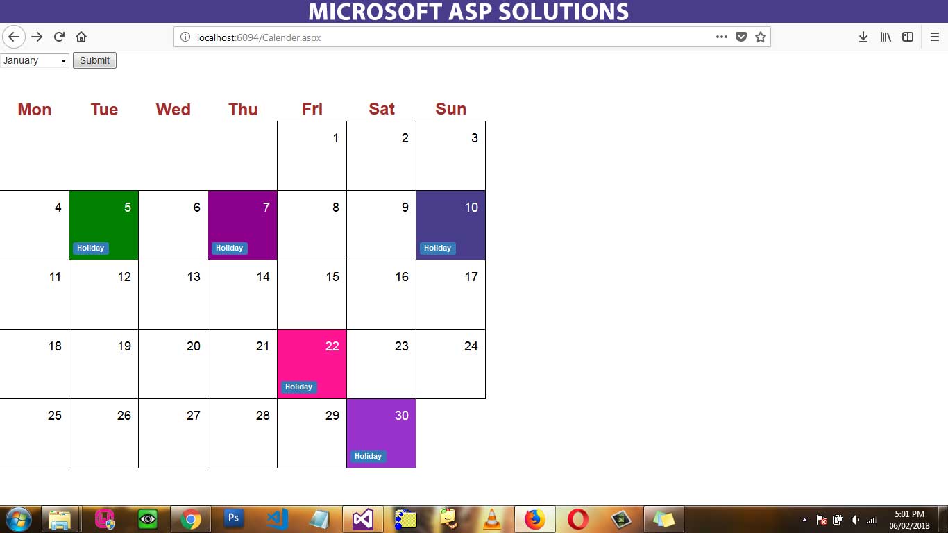 How to Show Date Events and Holiday in ASP.Net Calendar Control - Microsoft ASP Solutions