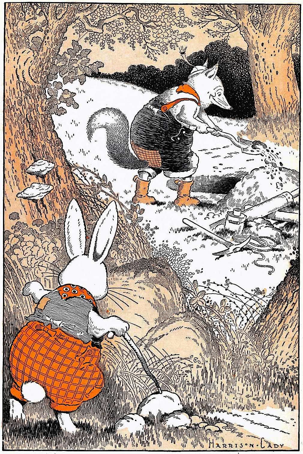 a Harrison Cady children's book color illustration, a fox digging a hole