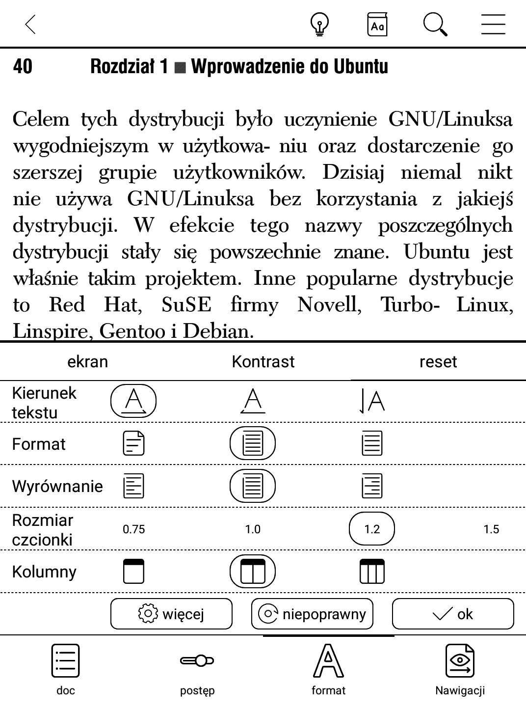 Czytnik Onyx Boox Poke 3 – ustawienia trybu reflow umożliwiają powiększenie rozmiaru czcionki