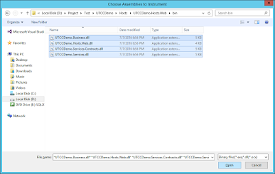 Test Settings - Data and Diagnostics - Code Coverage (Visual Studio 2010) Detail - Choose Assemblies to Instrument Window