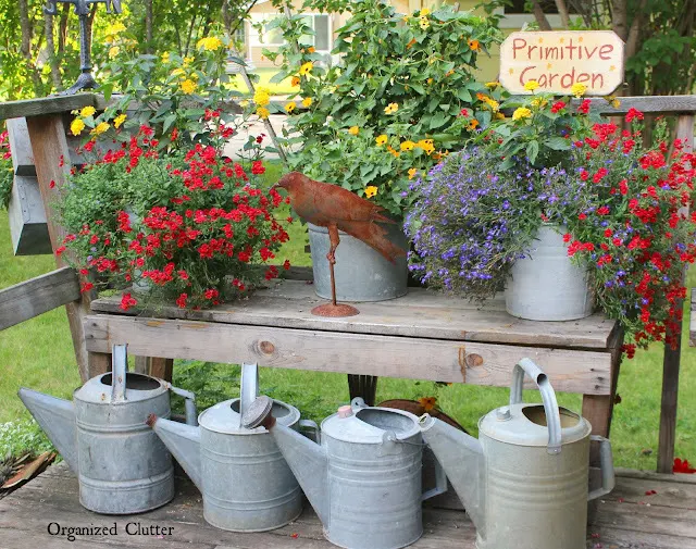 Photo of junk garden galvanized containers arranged and layered on the deck.