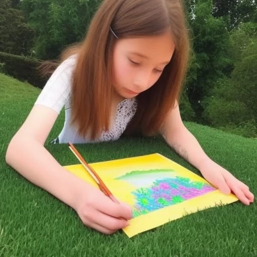 Seorang gadis berusia 10 tahun sedang menggambar pemandangan alam yang indah dengan menggunakan pensil warna dan kuas. Gambarnya sangat detail dan realistis.