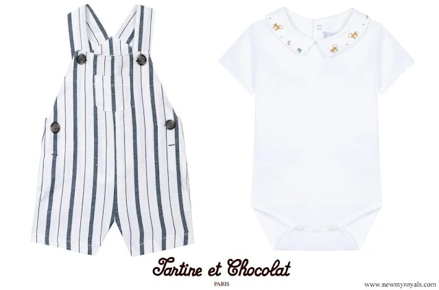 Prince Charles wore Tartine et Chocolat white striped Dungarees and embroidery jersey bodysuit