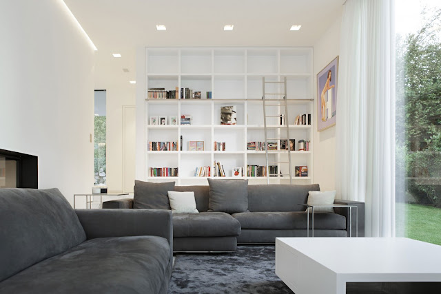 Grey sofas in white living room