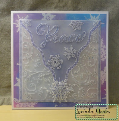 Parchment Christmas card, Peace and snowflakes, in blue, purple and pink