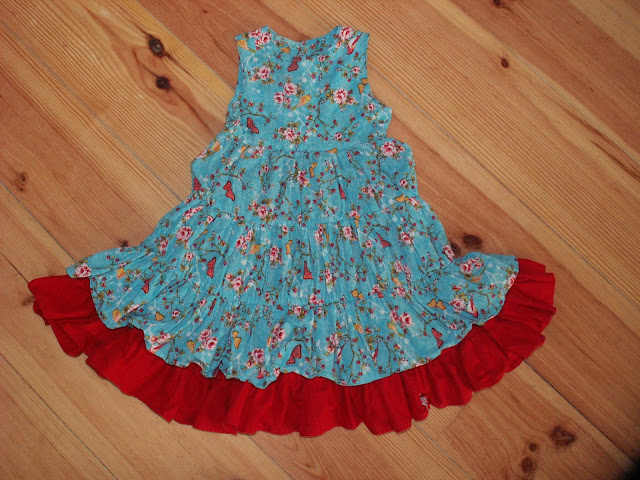 Dress, turqoise, red, butterflies, birds, twirl