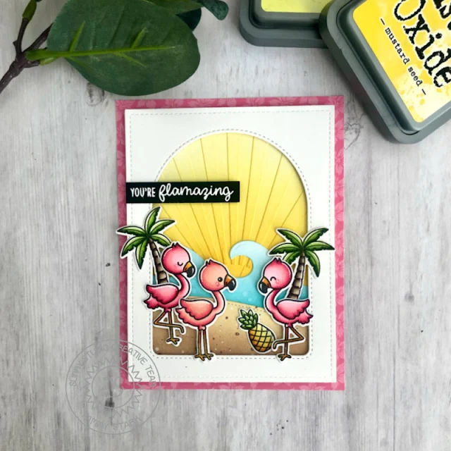 Sunny Studio Stamps: Embossing Folders Fabulous Flamingos Stitched Arch Dies Card by Tammy Stark