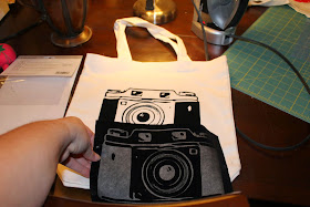 camera tote bag, graphic old school camera iron-on