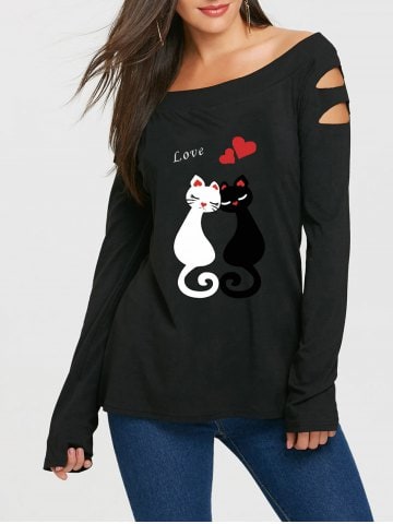  Valentine Cat Heart Print Ripped T-shirt