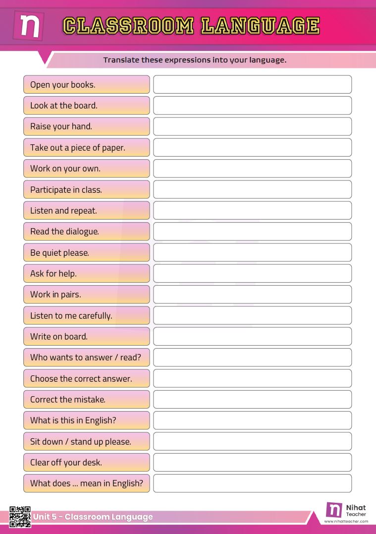 Practise English Vocabulary.  An elegant worksheet about classroom language in English.  #download#Click here to download a worksheet about classroom language in English in printable PDF format.  Search this site to find more about classroom language in English.