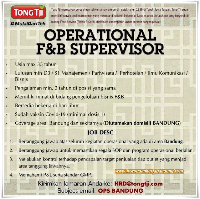Loker Bandung Operational F&B Supervisor