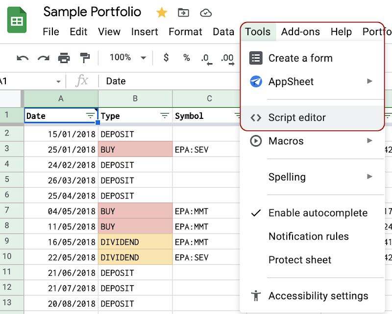 Open Apps Script editor from the menu of spreadsheet